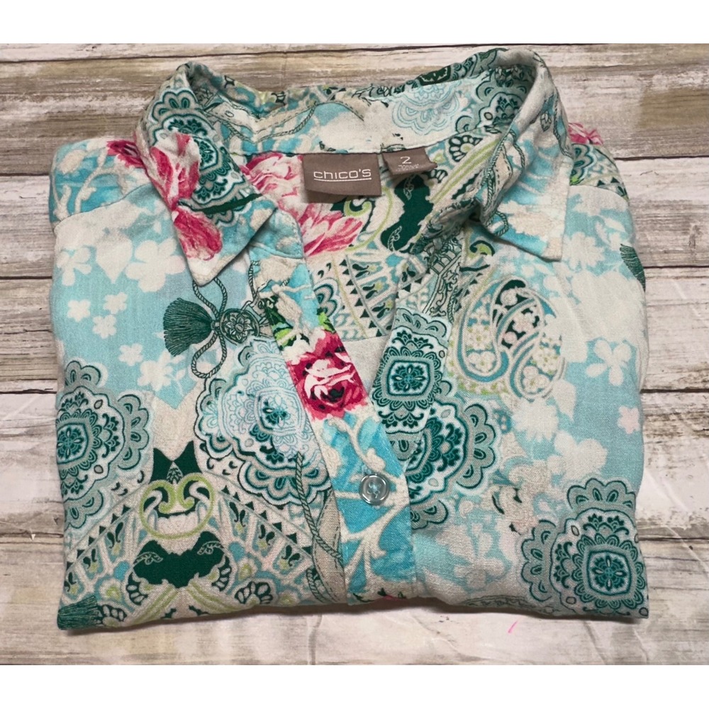 Chicos Rayon Floral Paisley Button Front Blouse Turquoise Pink Size 2(U.S.‎ 12)
